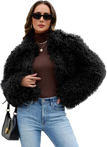 Womens Faux Fur Cropped Coats Fuzzy Long Sleeve Stand Collar Winter Jacket Open Front Cardigan Top Fluffy Warm Outwear