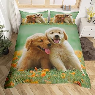 Homewish Cute Golden Retriever Bedding Set for Kids Teens Green Grass Decor Comforter Cover (No Comforter) Soft Polyester Duvet Cover Set (1 Duvet Cover + 1 Pillow Case) Twin Size