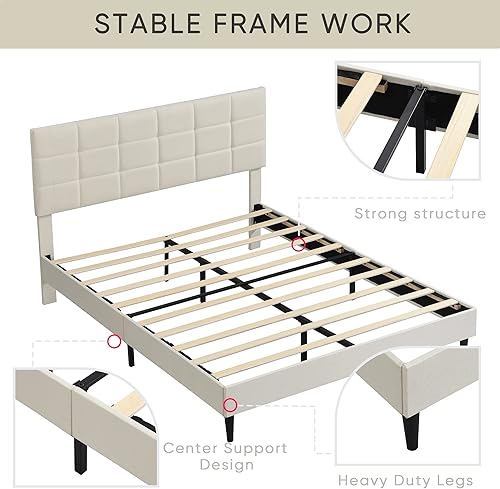 Miniatura 6 de CNANXU Marco de cama de madera de tamaño matrimonial con cabecera tapizada de tela y marco de metal cama de plataforma de madera con listones de