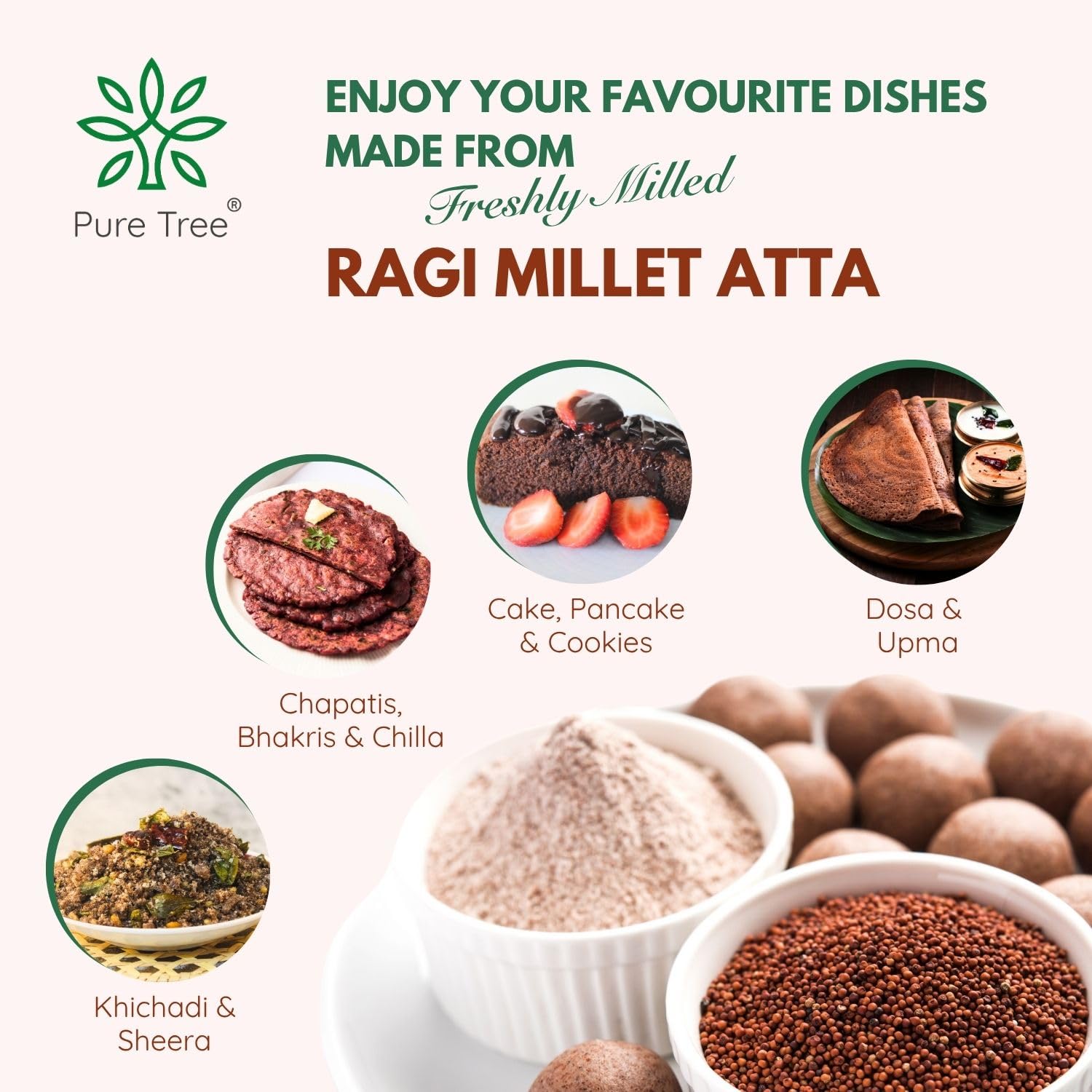 Pure Tree Certified Organic Freshly Milled Ragi Flour Finger Millet | 850 g | Finger Millet | Nachni | Nagli | Ragi Millet Gluten-Free | Bavto | Red Finger Millet | Ragi Whole Grain 4