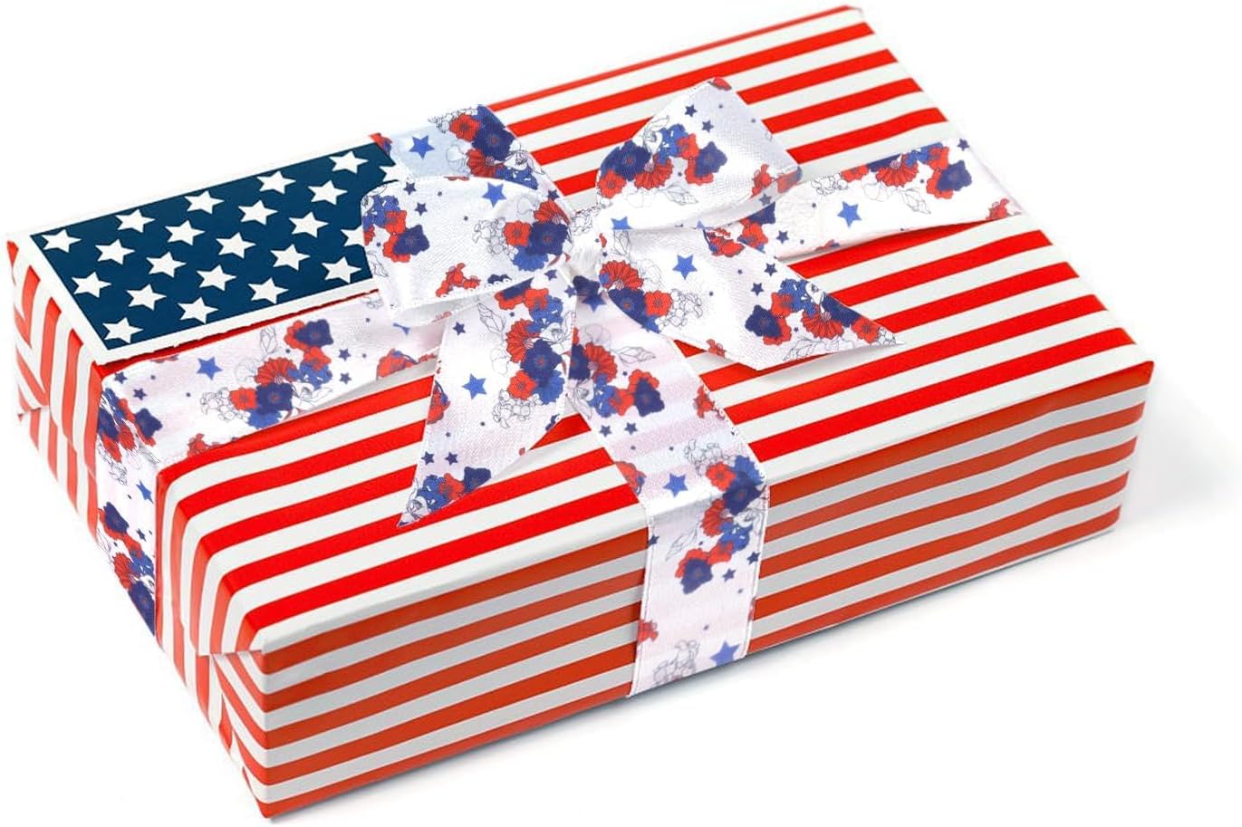 2 Rolls 4th of July Patriotic Ribbons for Crafting, Memorial Day Wired Edge Ribbon Blue Red Burlap Ribbons American Stars Flowers Ribbon Bows for Gift Wrapping Decorations