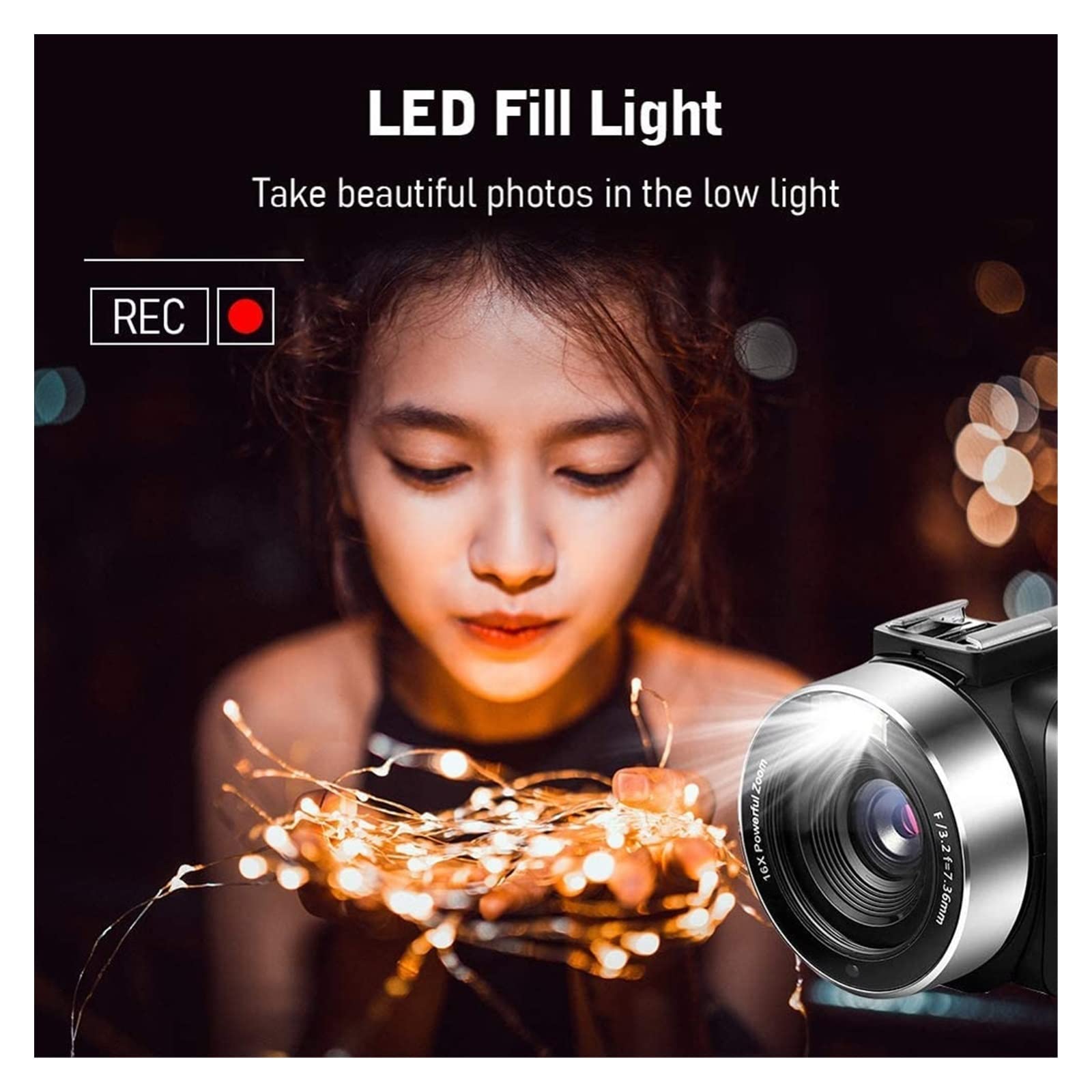 Videocámara 4K 48MP Luz de Relleno incorporada Pantalla táctil Vlogging for grabadora Cámara Digital(64 G SD Card,AF1 Mic Lens)