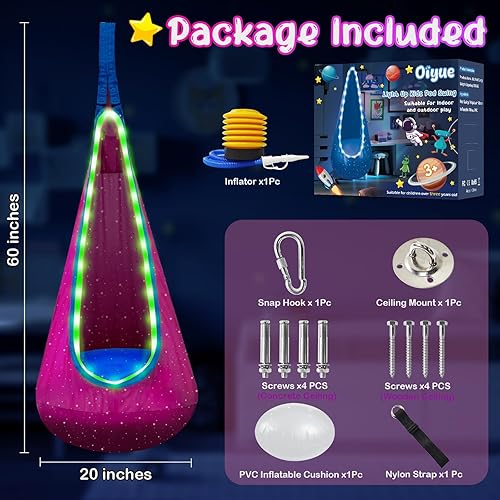 Miniatura 5 de Asiento de Columpio Pod Iluminado para Niños, Silla de Columpio Hamaca Colgante para Niños con Luces LED y Almohada Inflable, Columpio Pod Sensorial