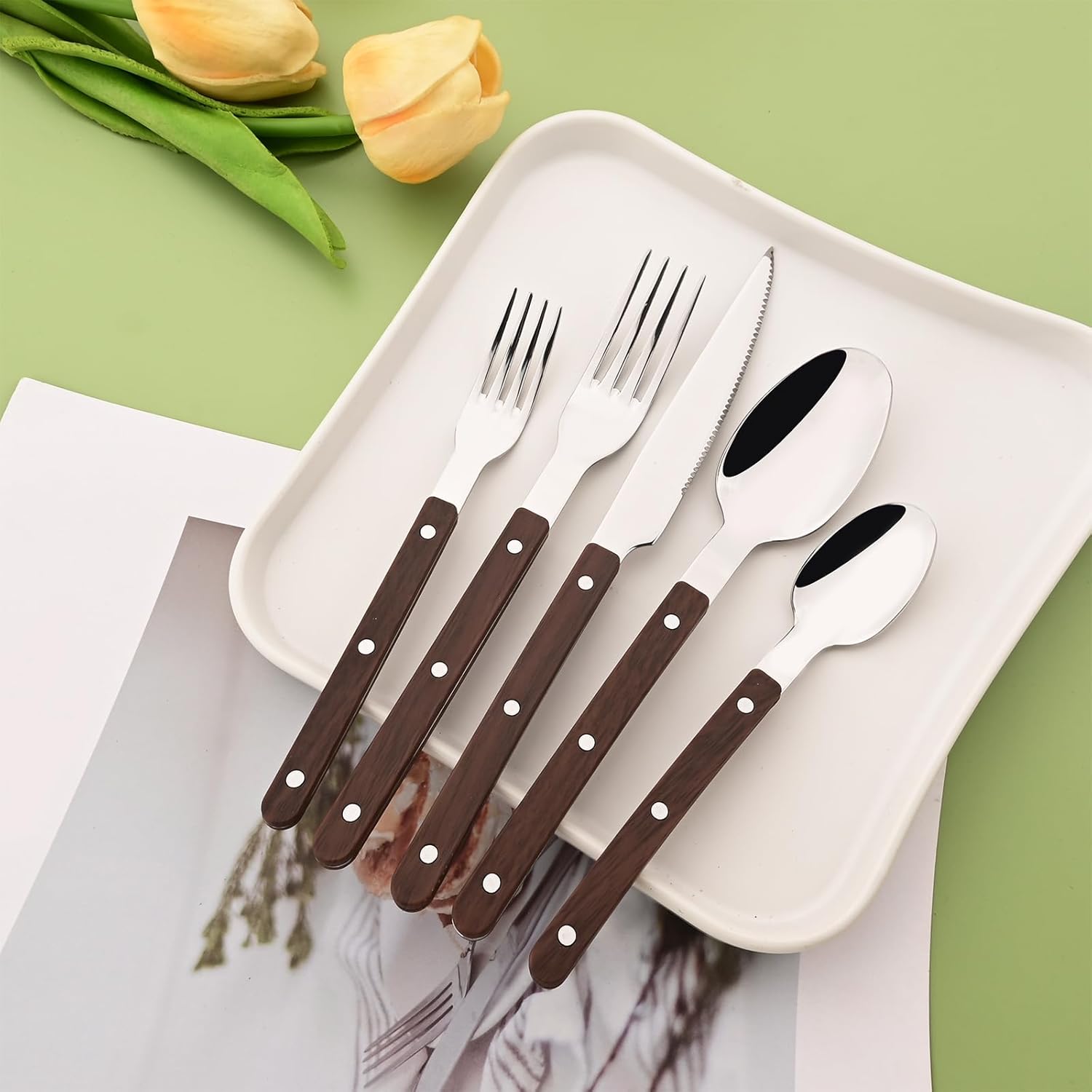 20 Pieces Forged Silverware Set for 4, Stainless Steel Wooden Grain Handle Flatware Cutlery Set, Tableware Eating Utensils for Home Kitchen Restaurant Party, Dark Brown Handle