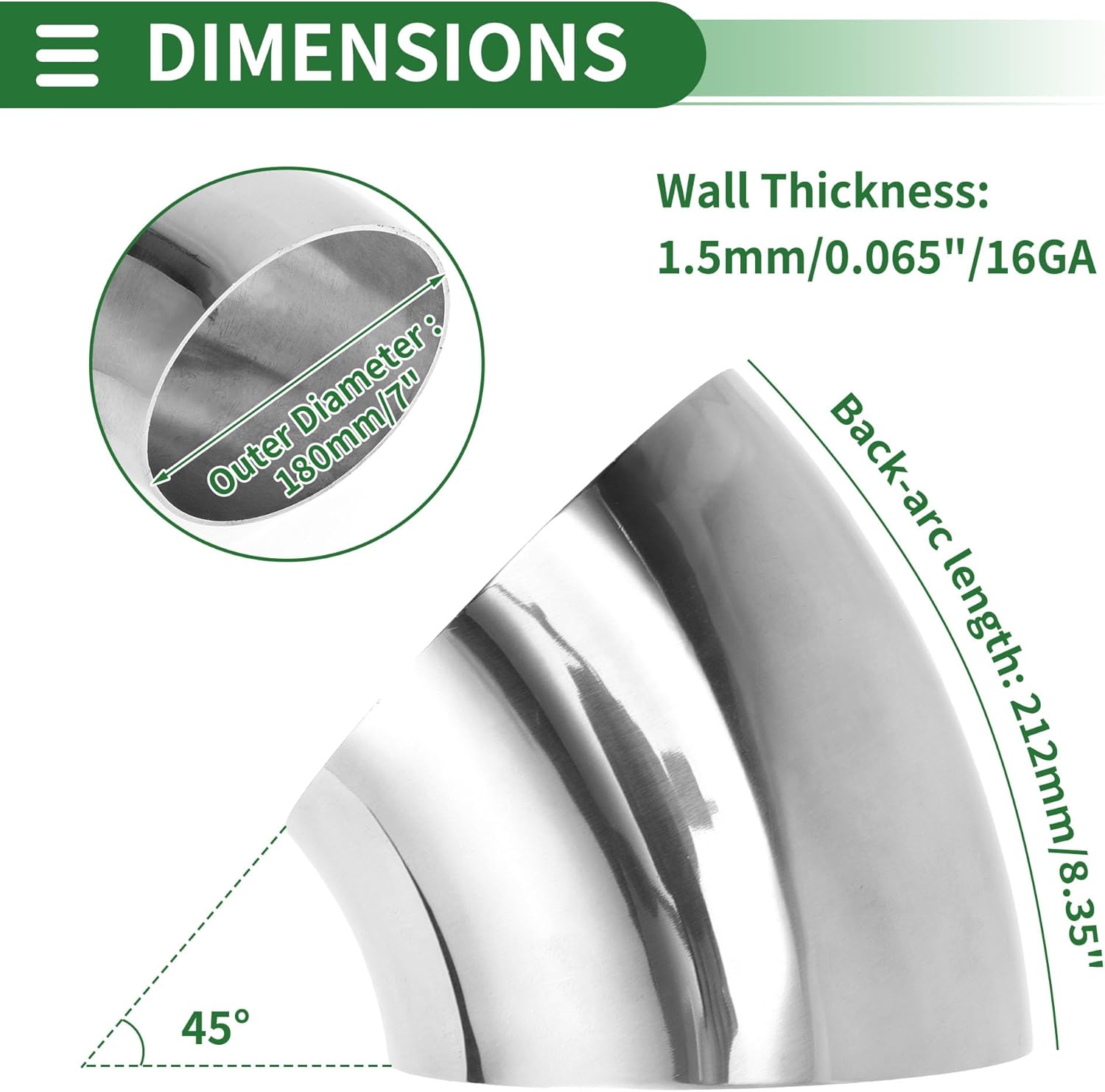 Motoforti 45 Degree Mandrel Bend Elbow Car Modified Exhaust Pipe Tubing Piping 7" Inch OD Thickness 1.5mm/16GA 180x212x1.5mm 304 Stainless Steel Silver Tone