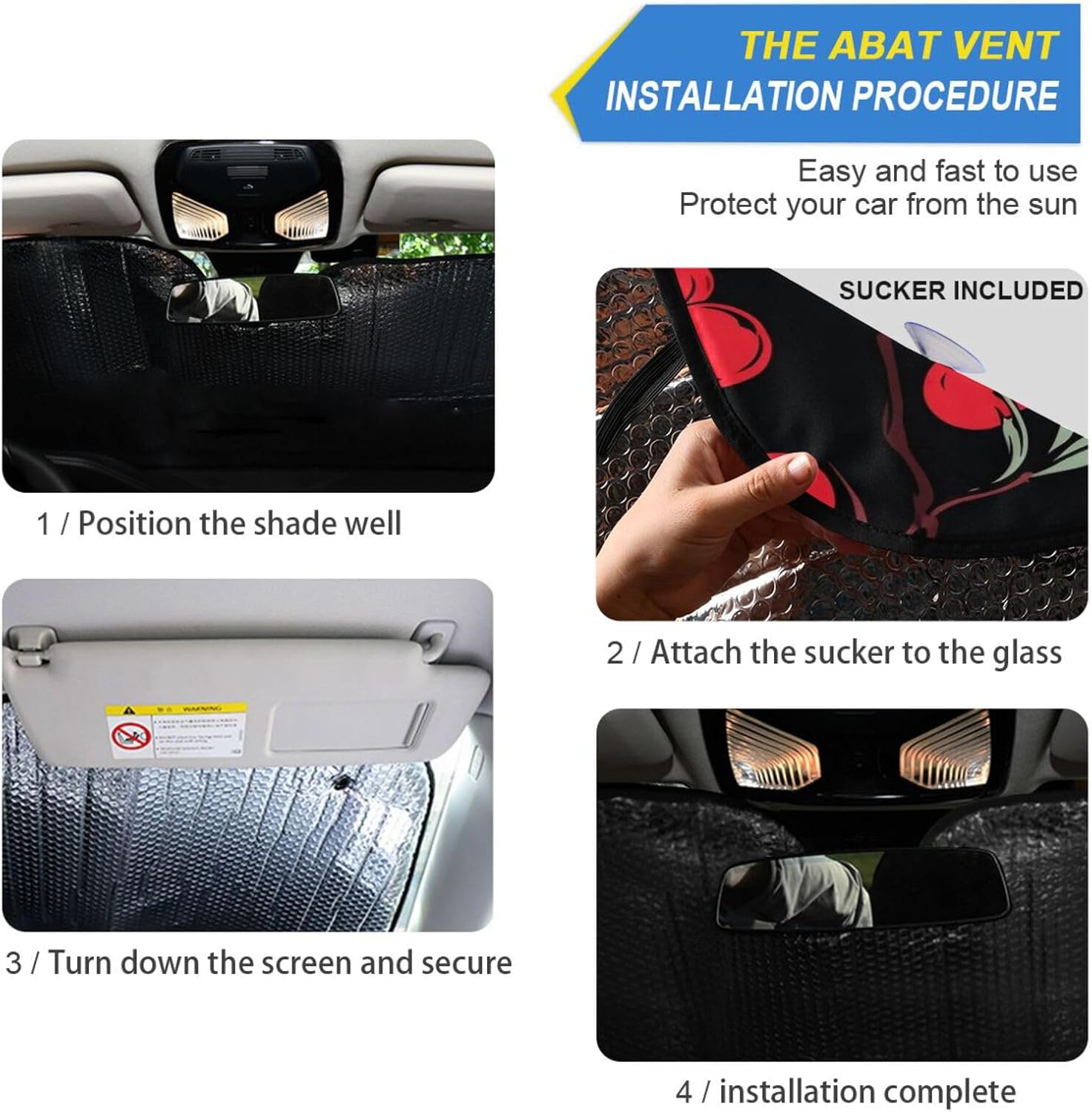 Car Windshield Sun Shade Cherry on Black Foldable Car Front Windshield Sunshade Blocks UV Rays Sun Visor Heat Protection for Truck SUV to Keep Your Vehicle Cool,Medium image 2