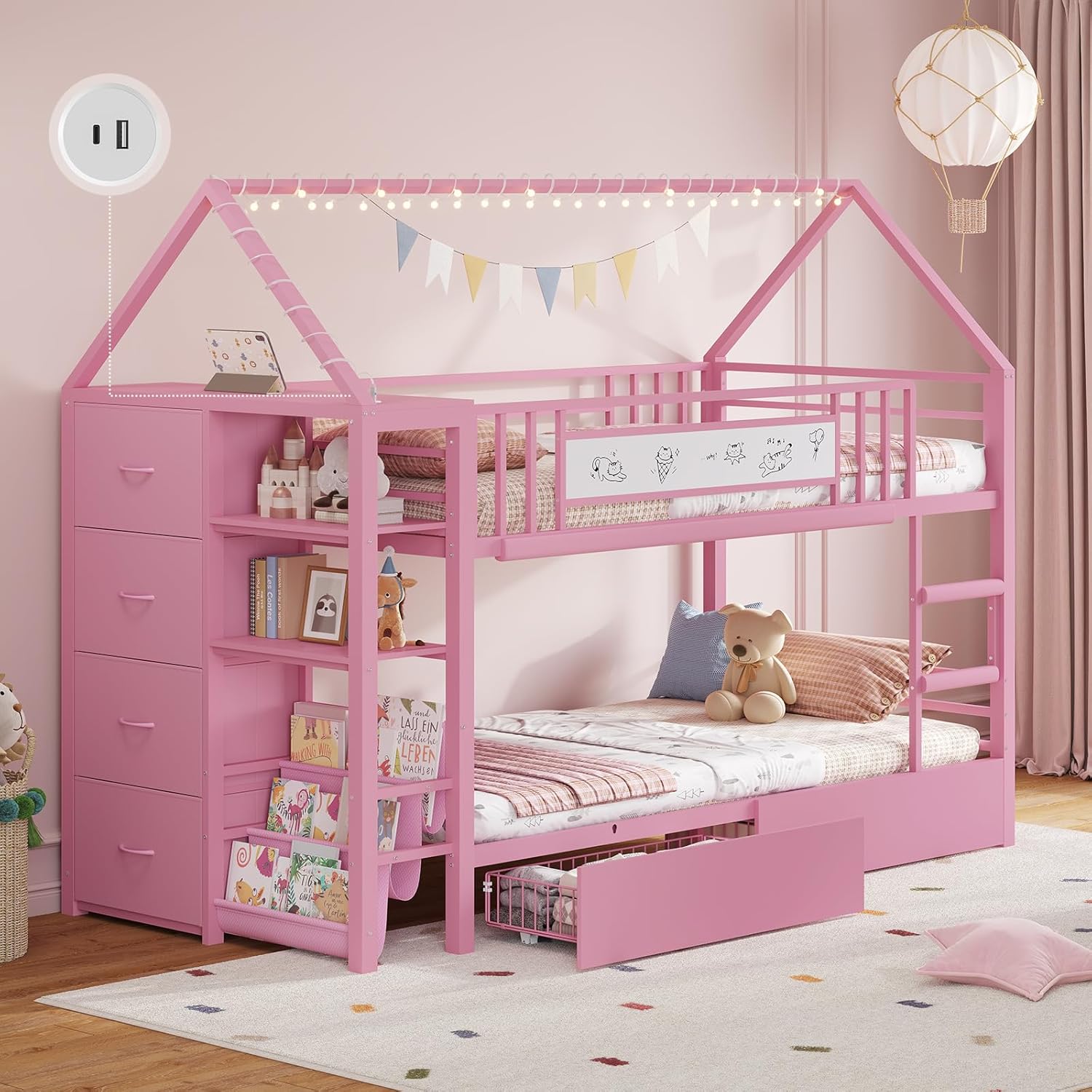 Twin Bunk Bed for Kids with 6 Storage Drawers, Montessori Bookshelf, House Shaped Bed with Globe String Lights and USB Ports, Metal Low Bunk Bed Twin Over Twin with Safety Guardrail and Ladder, Pink