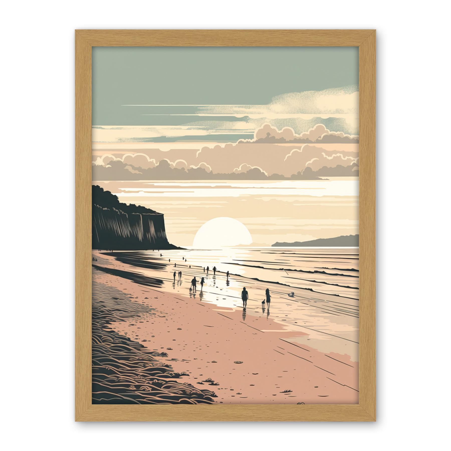 Artery8 Dog Walks on the Beach Sunset Coastal Landscape Artwork Framed Wall Art Print 18X24 Inch