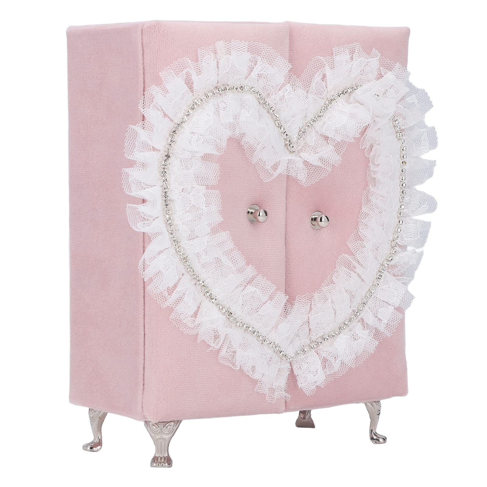 Mini Armoire Jewelry Box, Cute Dollhouse Miniature Wardrobe Furniture Accessory with Pink Lint Rhinestones for Girls, Kids, Friends, Cardboard, 17 x 13 x 7cm