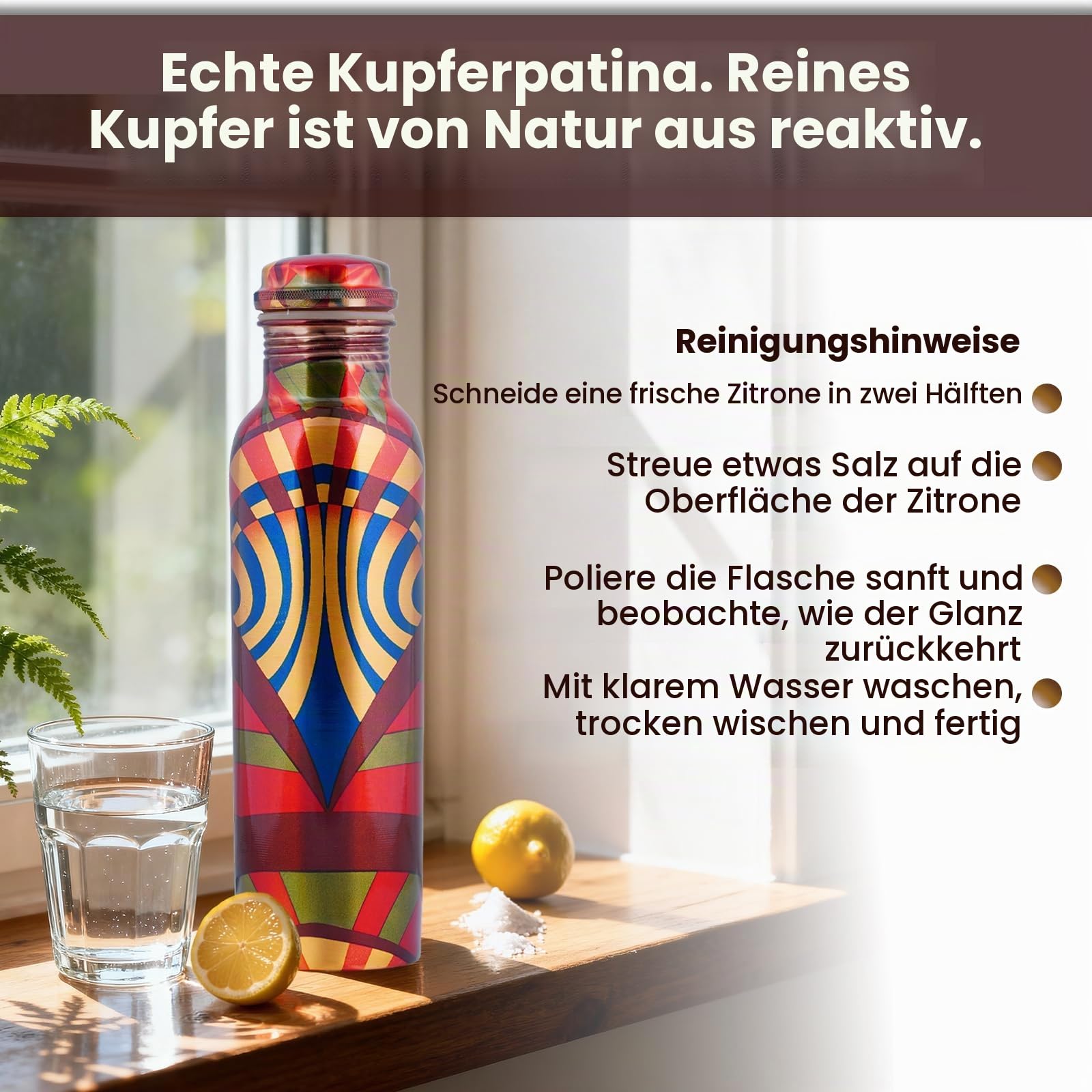 Craft Trade Trinkwasserflasche Kupfer Trinkflasche Rein Rot Flasche Wasserflasche mit Deckel und Tragetasche 34oz/1000 ml Auslaufsicheres Ayurveda Kupferflasche für Büro und Yoga- 2