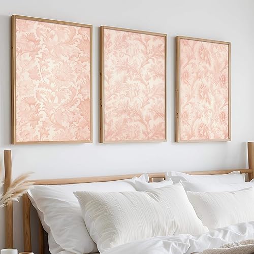 Juego de 3 pósteres de pared con estampado de flores rosadas, arte de pared de flores rosas, fotos estéticas de preparación, estampado chino floral,