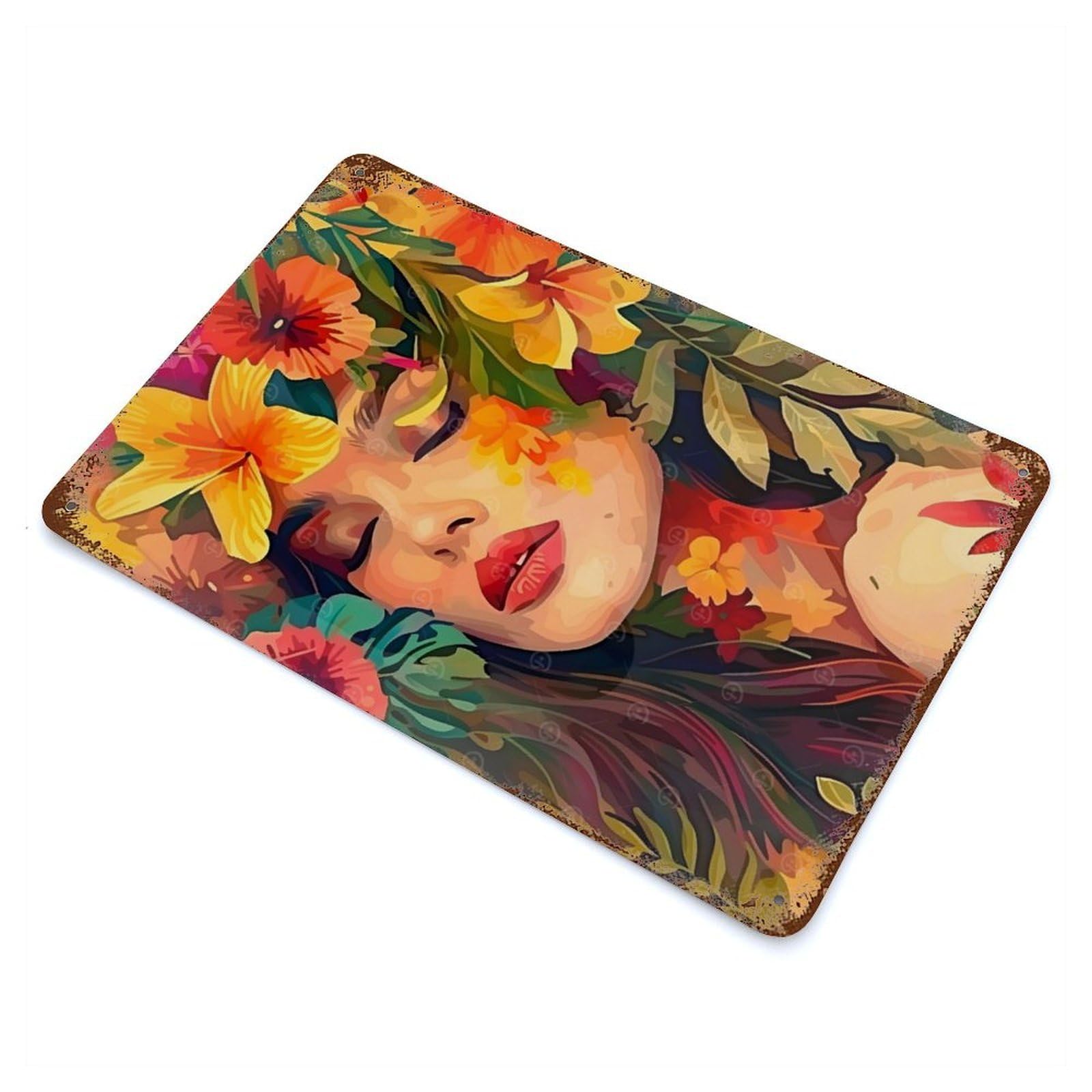 Woman Surrounded by Flowers Rust Effect Tin Sign 11.8"x7.9", Farmhouse Wall Decor for Farmhouse, Kitchen And Entryway Decor