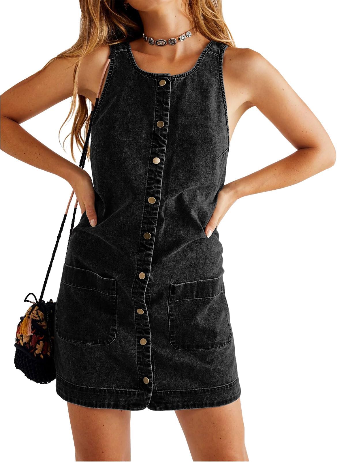 Photo 1 of Yousify Womens Casual Sleeveless Denim Dresses Button Down Summer Jean Mini Dress 2026 Trendy Overalls with Pockets Black L