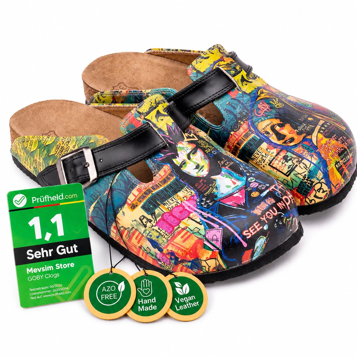 GOBY Clogs Hausschuhe Damen | Handgefertigte Premium Clogs mit Buntem Print – Bequeme & leichte Pantoletten Damen aus hochwertigem Imitationsleder mit Eva-Sohle [ Test SEHR GUT, Note 1.1 *]