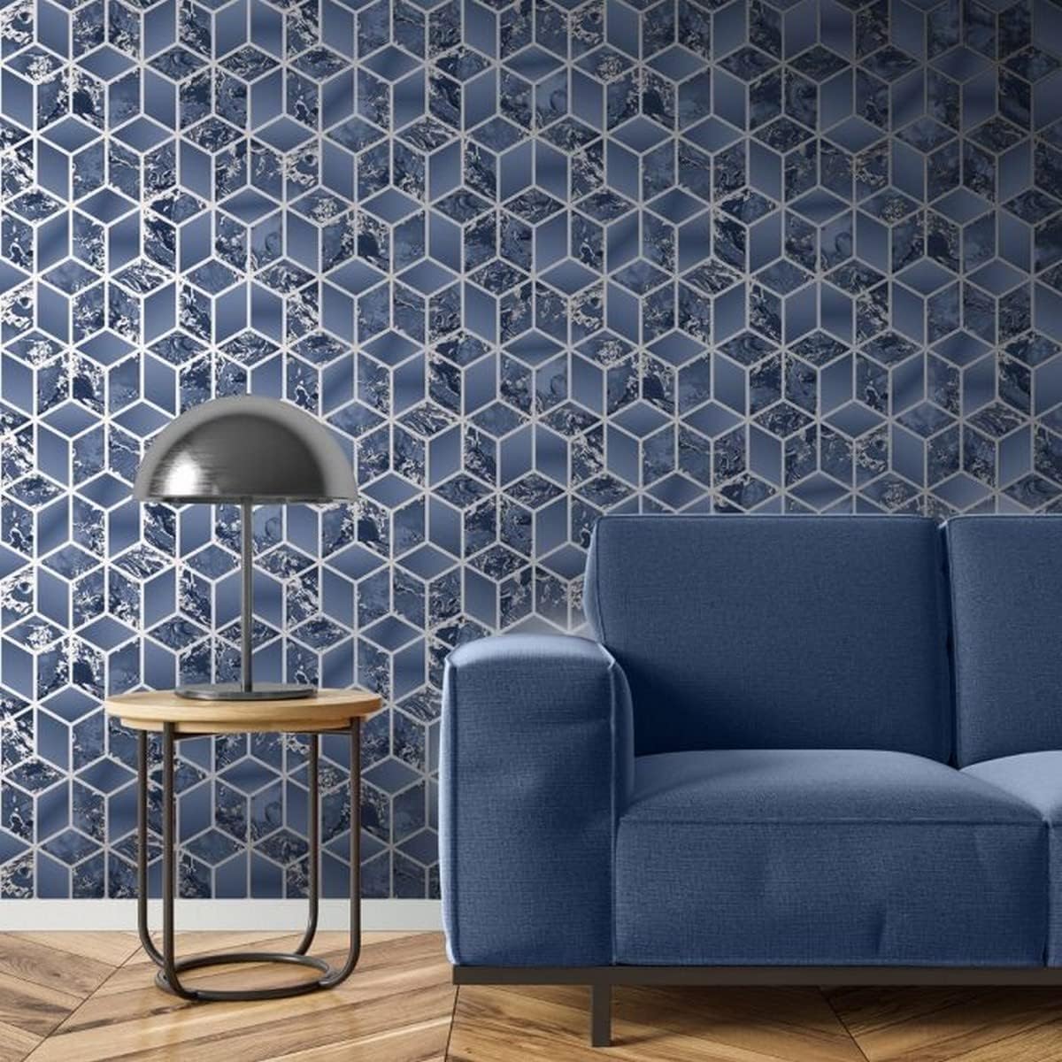 Muriva Elixir Cube Blue Silver Wallpaper 166512 - Metallic Geometric Marble