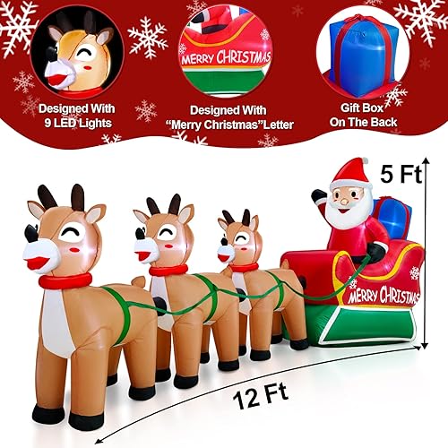 Vista 2 de TURNMEON Decoraciones inflables de Navidad de 12 pies de largo para exteriores, con luz LED, Papá Noel en trineo, caja de regalo de tres renos