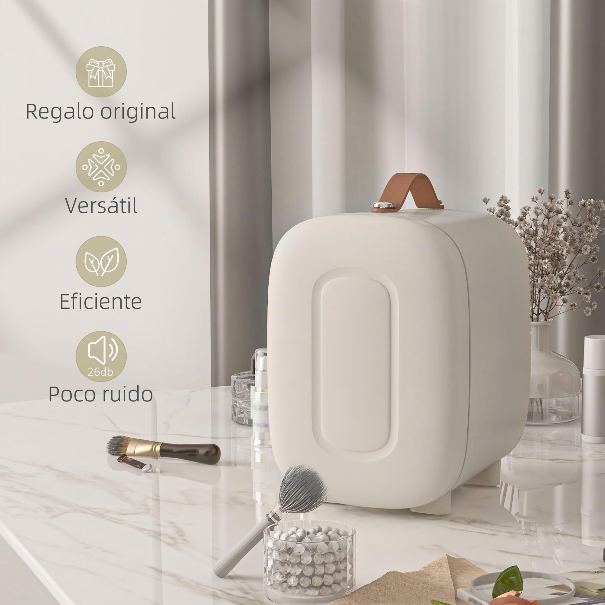 HOMCOM Mini Nevera Cosméticos 4L Extrasilenciosa 20,3x26,3x28 cm Crema | Nevera Pequeña, 9V/240V, Enfriar y Calentar, Mini Frigorífico, Dormitorio Oficina, Maquillaje Bebidas