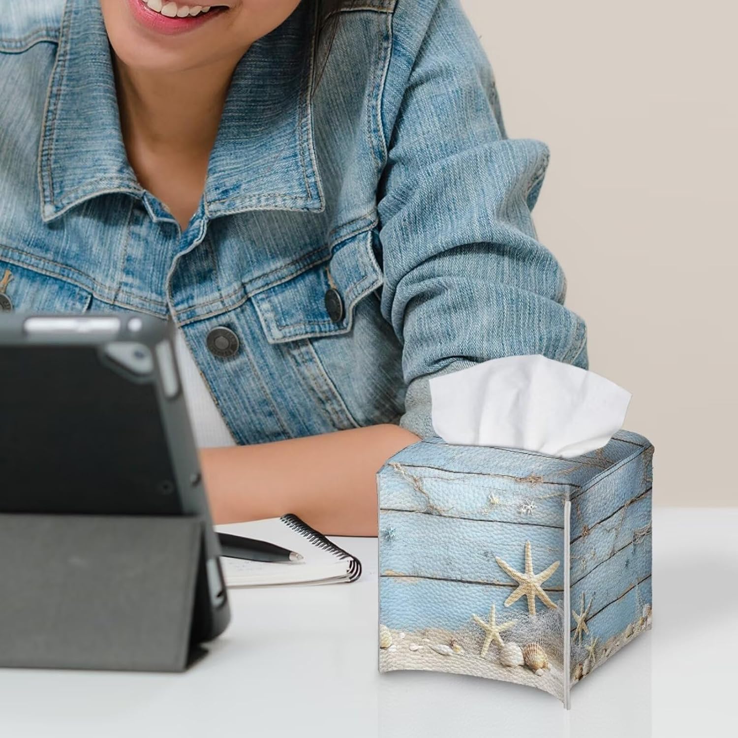 Tissue Box Holder Square Tissue Box Cover Facial Tissue Box Covers Cube Napkin Organizer Dispenser for Bedroom Office Bathroom Decor, Starfish Blue