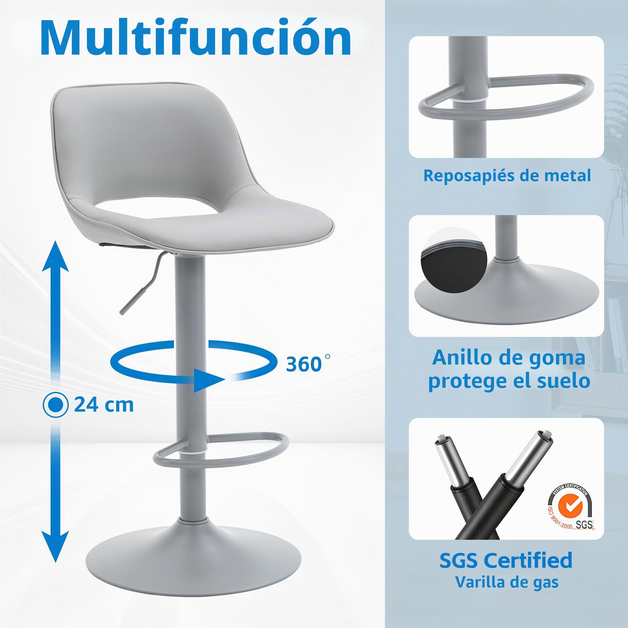YOUNIKE Taburetes de Bar Juego de 2 Giratorios con Altura Ajustable, Taburetes de Cocina con Acolchado Suave, Taburetes de Mostrador con Respaldo Hueco, Taburete Alta de Bar, Todo Gris