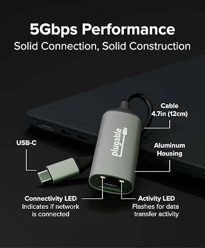 Miniatura 2 de Plugable Adaptador Ethernet USB-C de 5 Gbps | Red cableada de 5000 Mbps para computadoras portátiles y computadoras de escritorio Windows, macOS y