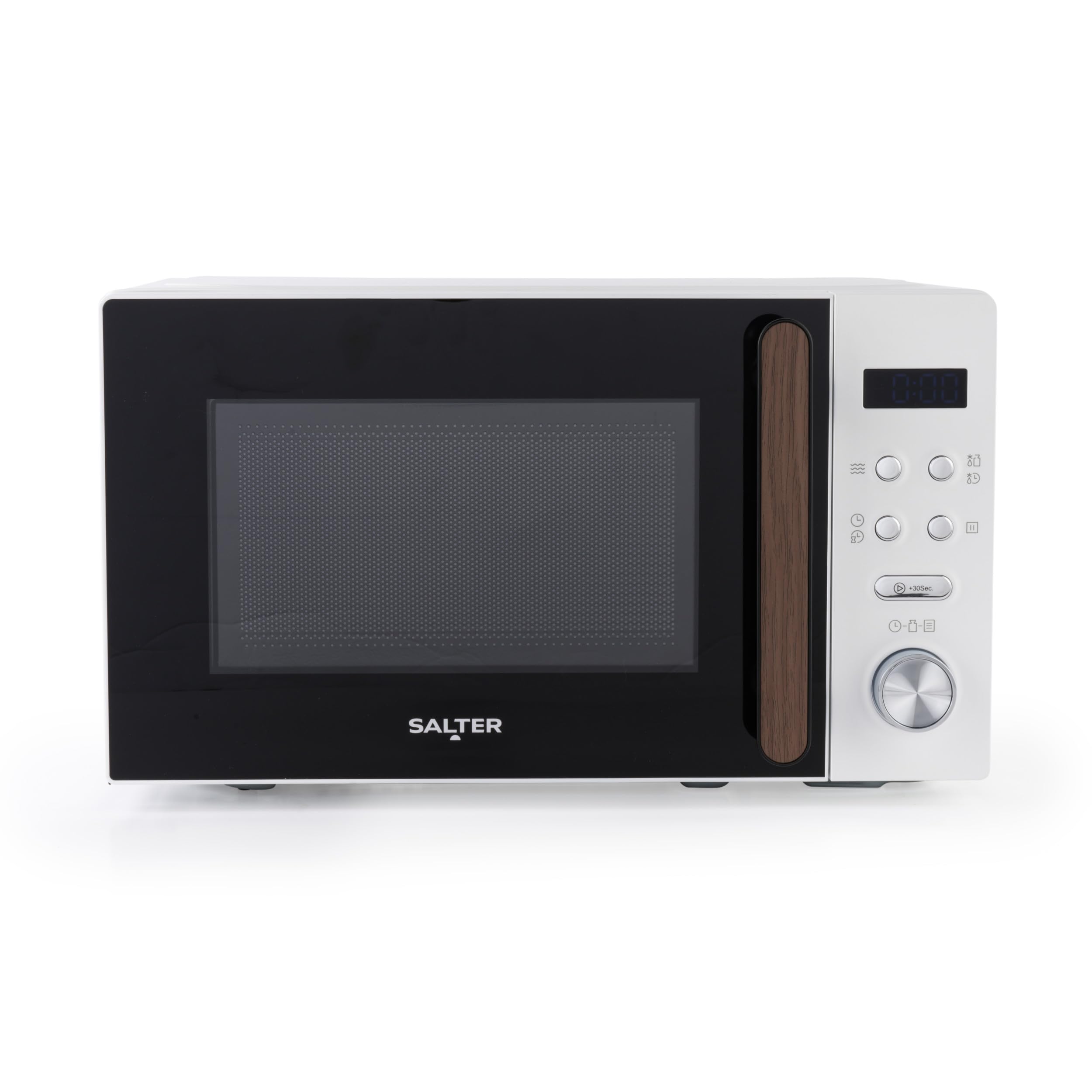 Salter EK5932WHT Toronto 20L Digital Microwave – 95-Minute Timer, Defrost, 25.5cm Glass Turntable, 8 Auto-Function Presets, LED Display, Wood-Effect Accents, Child Lock, 25.9 x 44 x 33.5cm, 800W White