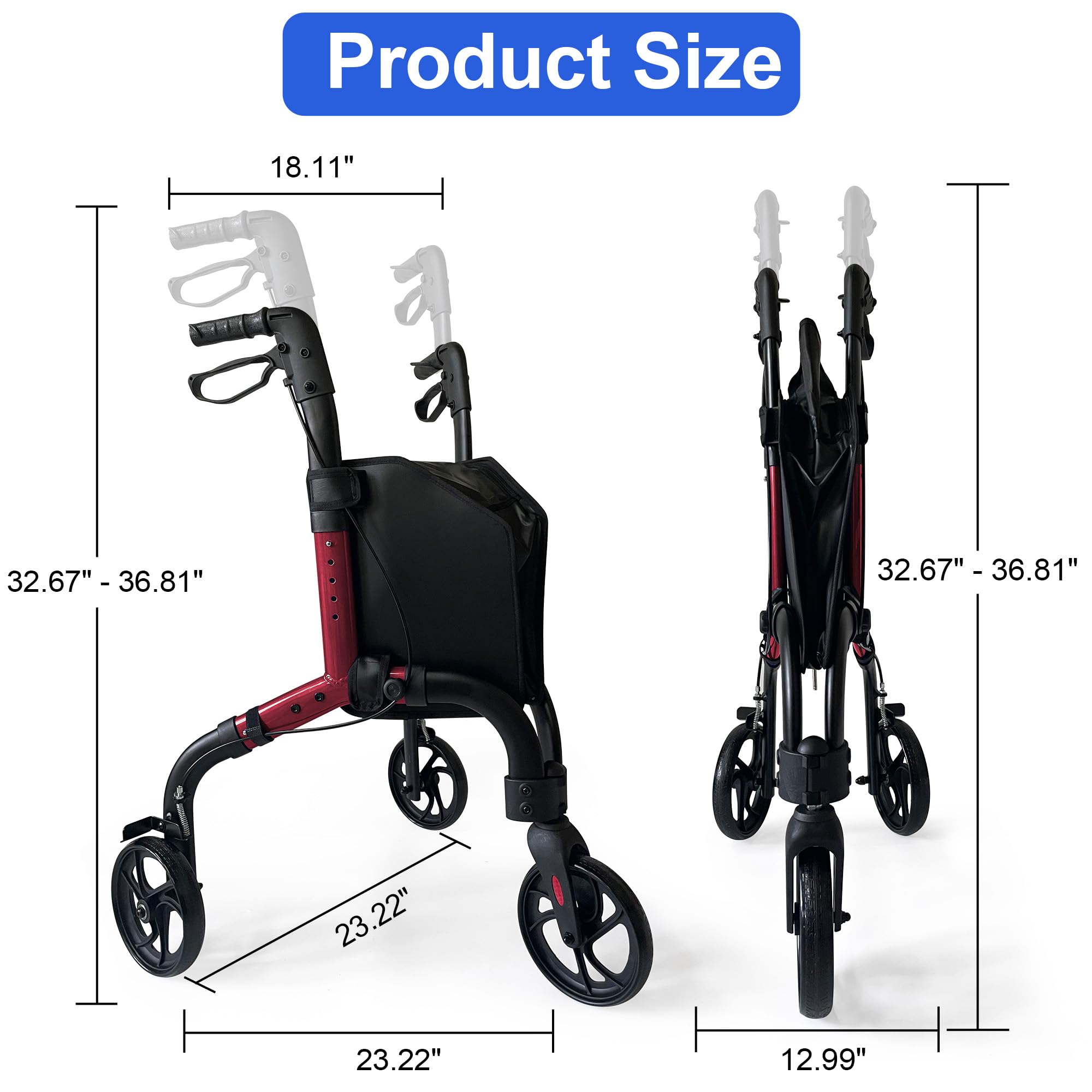 Retaoldth Premium 3 Wheel Rollator Walker for Seniors, Lightweight Foldable Elderly Three Wheeled Rollator with Storage Bag, Mobility Aid Rolling Walker, Red