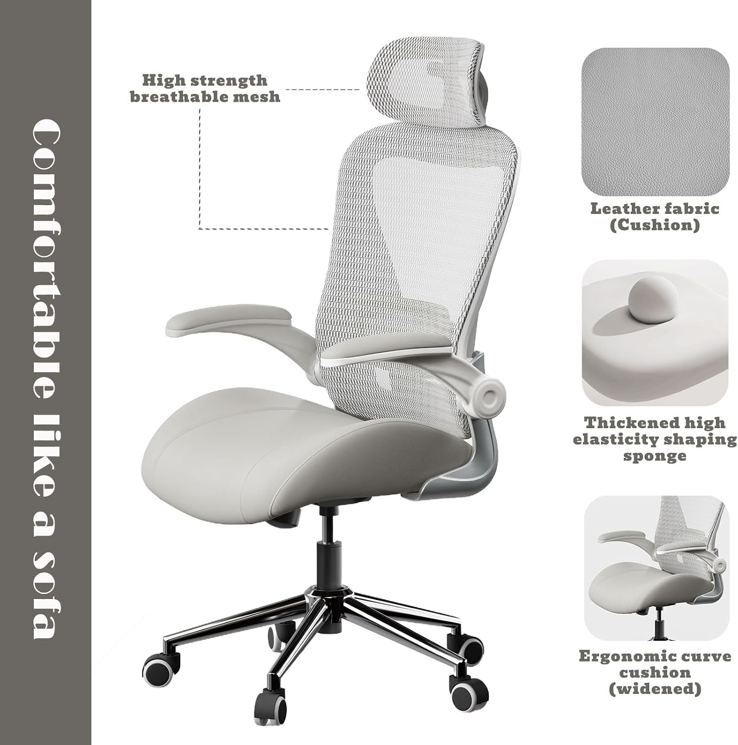 Grey Ergonomic Home Office Desk Chair, Premium Thickened Leather Curved seat with Breathable mesh Back, 3D headrest and Adjustable Lumbar Support, Ideal Chair for Office or Gaming, Gray image 5