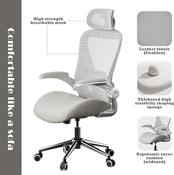Grey Ergonomic Home Office Desk Chair, Premium Thickened Leather Curved seat with Breathable mesh Back, 3D headrest and Adjustable Lumbar Support, Ideal Chair for Office or Gaming, Gray