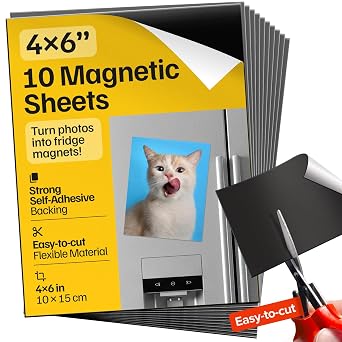 Strong Self-Stick Adhesive Magnetic Sheets 10 Pcs 4x6"/10x15cm Customizable Magnetic Paper for Photo, Magnet Stickers, Labels, Crafts; for Fridge, Lockers, Whiteboards, Office, Projects