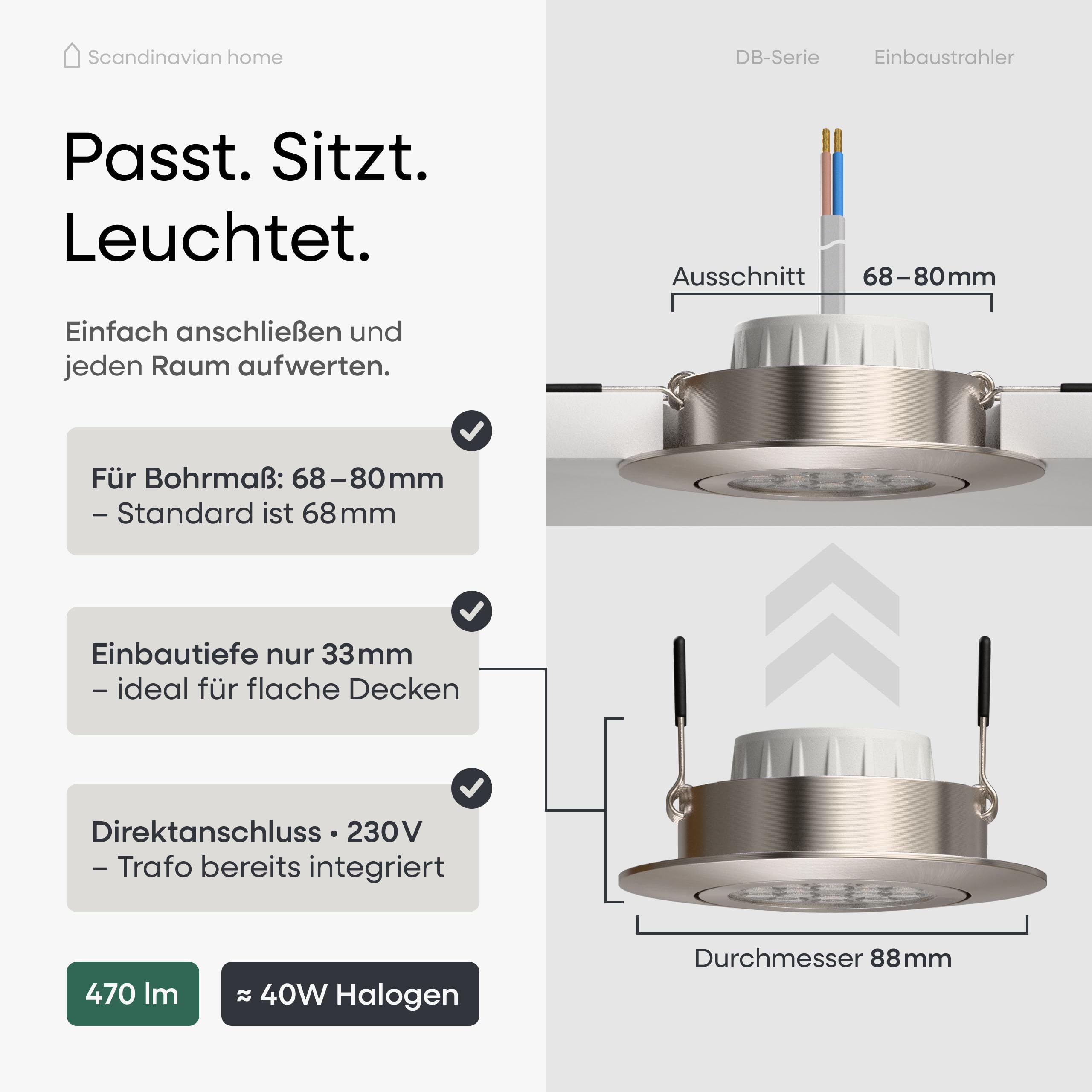LED Einbaustrahler 230V Dimmbar 6er Set - Warmweiß 3000K 470lm CRI 90+ 68mm IP44 Aluminium Schwenkbar