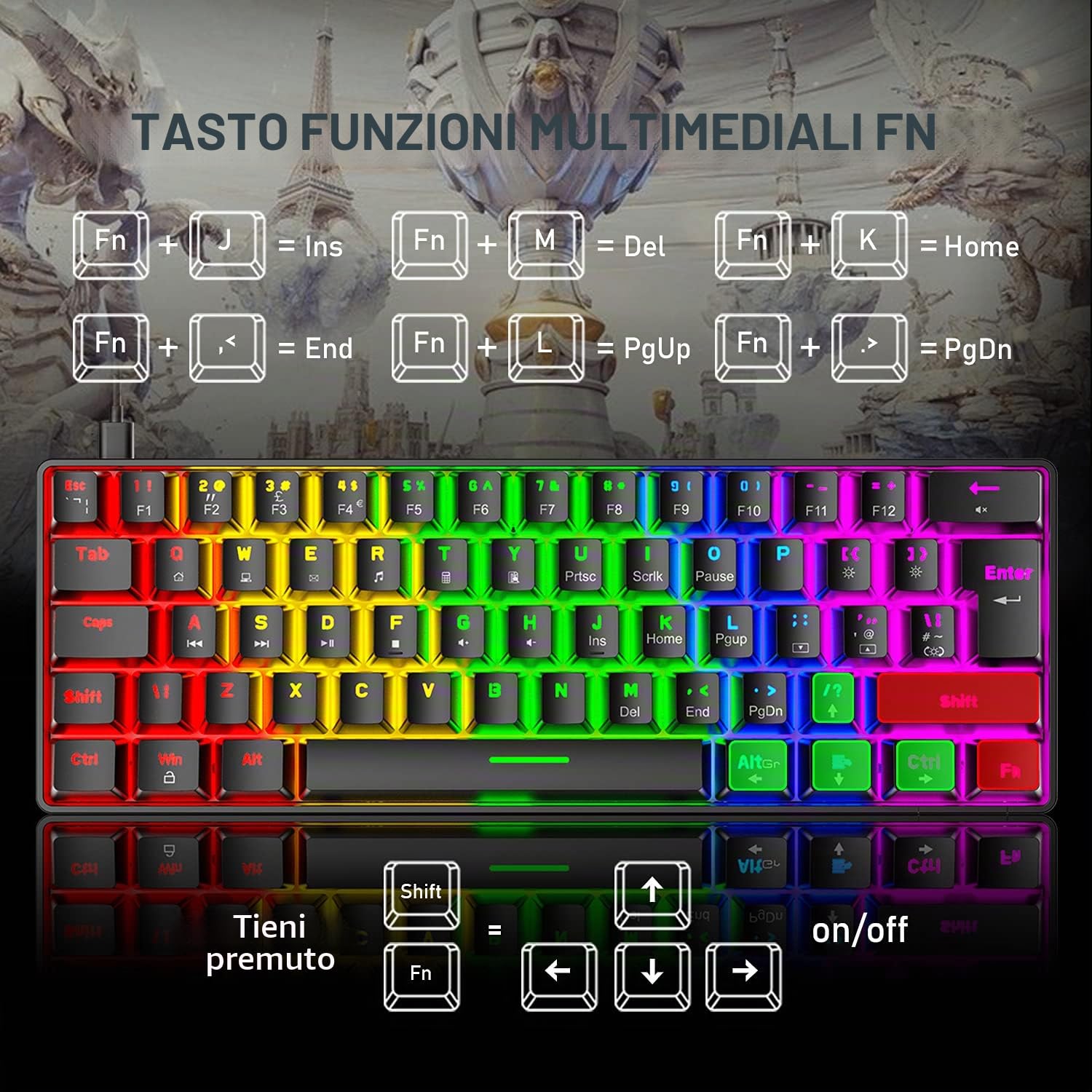 T60 Set Tastiera e Mouse da Gioco, Mini 60% Tastiera Meccanica Compatta 62 Tasti, 19 Rainbow LED Light, UK Layout + Mouse da Gioco a 6400 DPI + Mouse Pad per PC, Laptop - Interruttore Blu/Nero