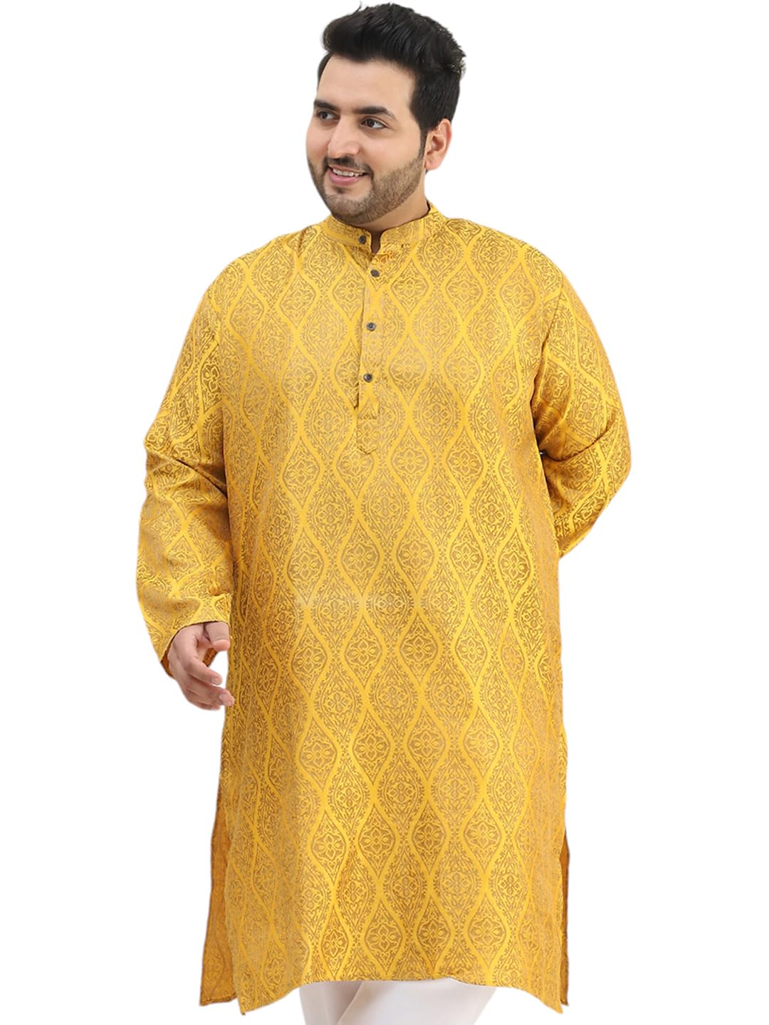 Sojanya Plus (Since 1958) Men's Jacquard Silk Mustard & Gold Only Long Kurta