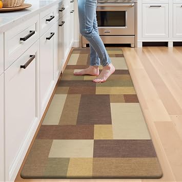 Ileading Anti Fatigue Kitchen Mat, Non Slip Cushioned Standing Floor Mat, Waterproof Kitchen Runner Rug, Farmhouse Comfort Padded Mat for Sink, Laundry, Office, Tan&Brown, 24x71