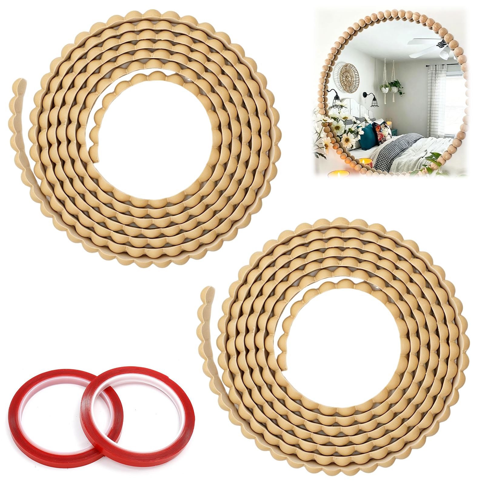 2PCS Beading Trim 2M x 15mm Self Adhesive Decorative Moulding, Flexible PVC Wood Bead Trim Peel and Stick for Cabinet Wall Mirror Furniture DIY Home Decor (with Tape)