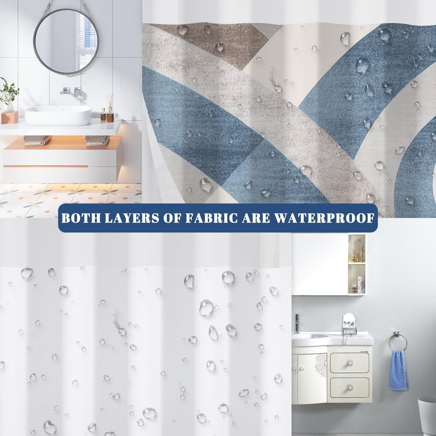 No Hook Shower Curtain with Snap in Liner Set, Abstract Blue Grey Geometric Print - Mesh Top Waterproof Double Layer Bath Tub Curtain for Modern Minimalist Bathroom Decor, 71W x 74H