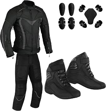 Motorcycle Suit 2 Pieces Waterproof Motorbike Jacket & Biker Trouser with Short Racing Boots Protective CE Approved
