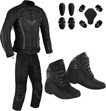 Motorcycle Suit 2 Pieces Waterproof Motorbike Jacket & Biker Trouser with Short Racing Boots Protective CE Approved