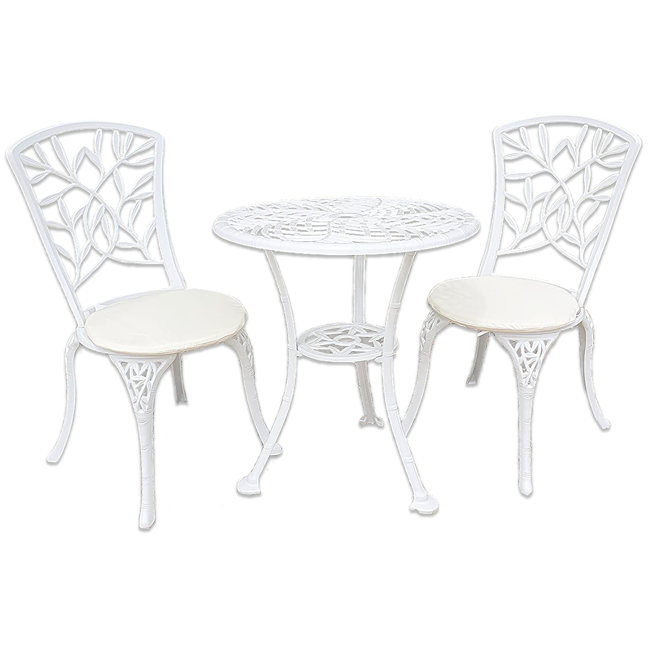 Signature Homes and Gardens SH&G Hembury 2 Seat Bistro Set | 3 Piece Round Table & Chairs | White Aluminium with Cream Cushions | Indoor & Outdoor