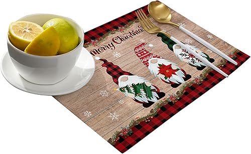 Miniatura 2 de Juego de 4 manteles individuales decorativos de Navidad con diseño de gnomos, diseño a cuadros rojos y negros, resistentes a las manchas, manteles
