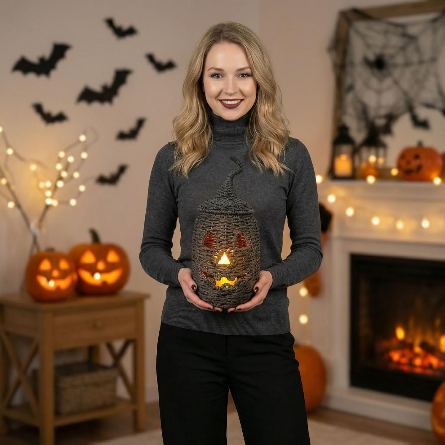 Hand-Woven Wicker Pumpkin Lamp Halloween Decorations, Lantern Pumpkin Candle Holder with Witch Hat Shape Lid