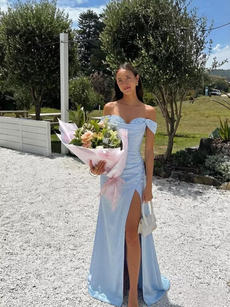 Off Shoulder Satin Prom Dresses 2026 Long Mermaid Corset Formal Evening Gown with Slit