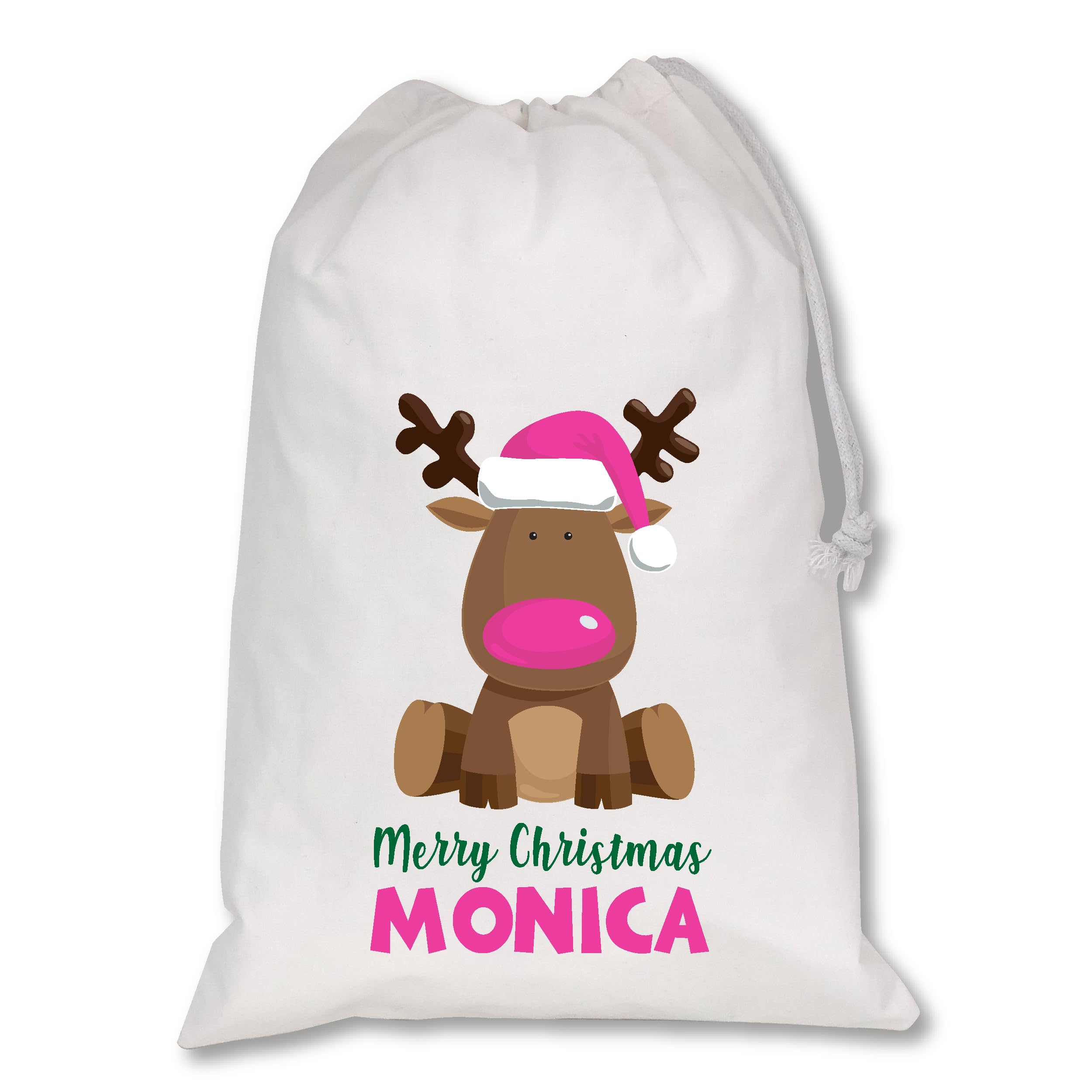 Personalised Christmas Reindeer Santa Gift Bag for Kids & Adults - Festive Large Reusable Sack - Holiday Present Bag (White - Pink)