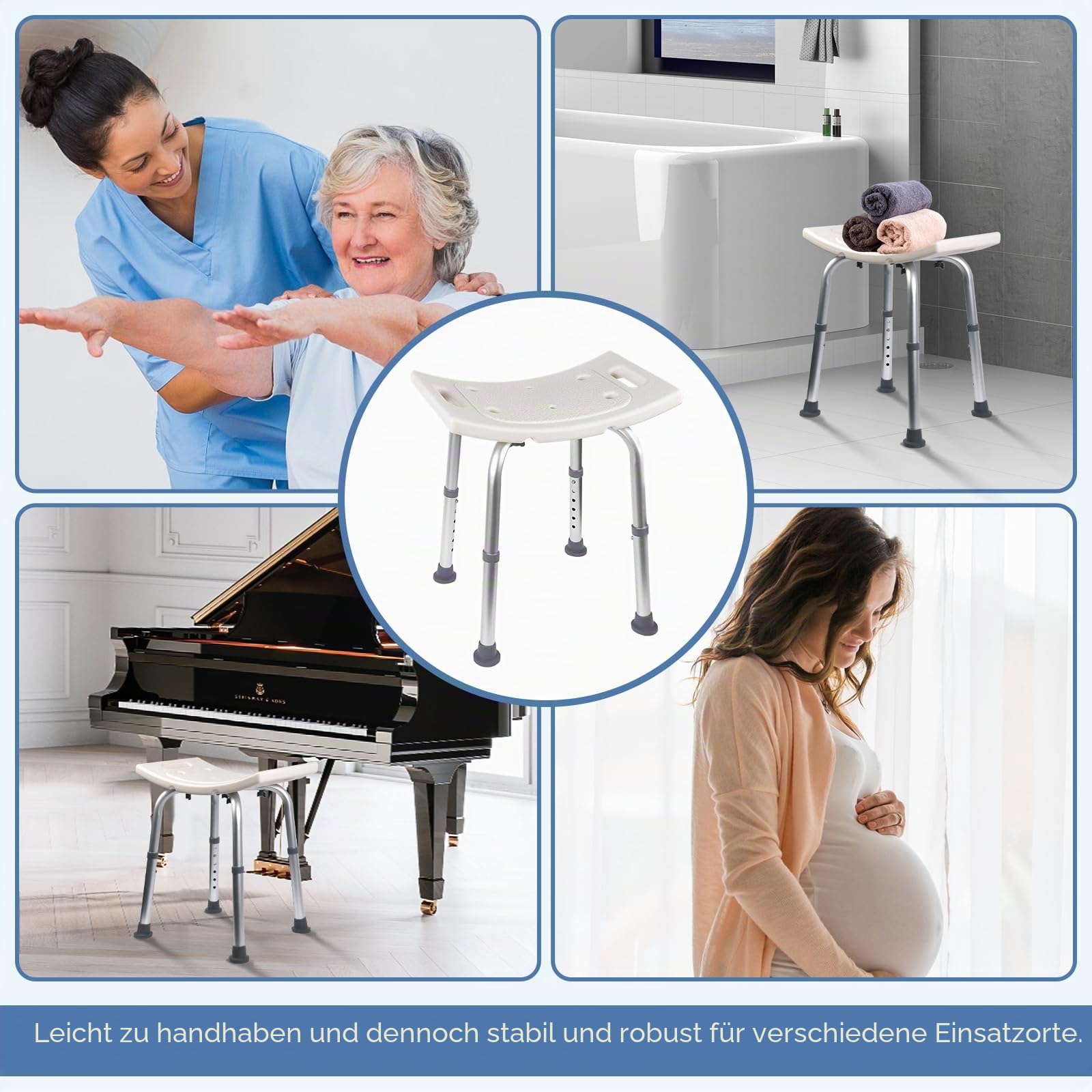 Ez2care Duschhocker, Höhenverstellbarer Duschstuhl, Rutschfester Badhocker für Dusche & Badewanne, Stabiler Aluminium Duschsitz, Leicht, Komfortabel, Vielseitig & Belastbar bis 136 kg, 37,5–49,5 cm