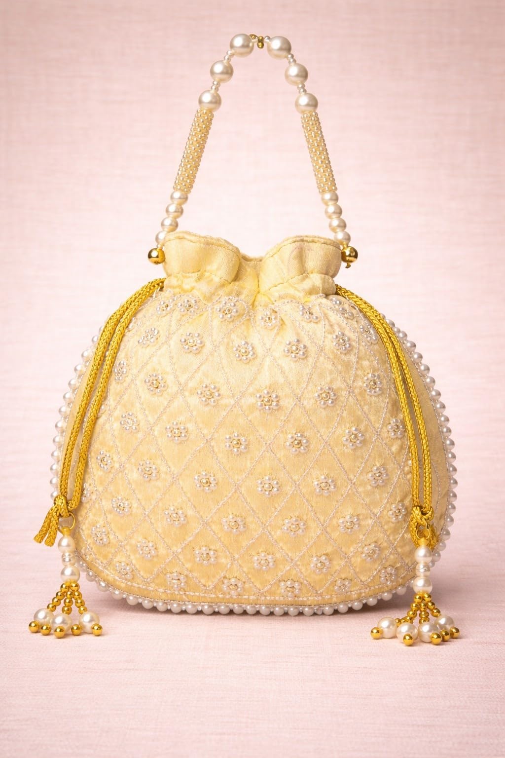 JDDCART Pearl Bloom Champaign Beige Potli Bag Ethnic Stylish Clutch Handbag for Women-image-19