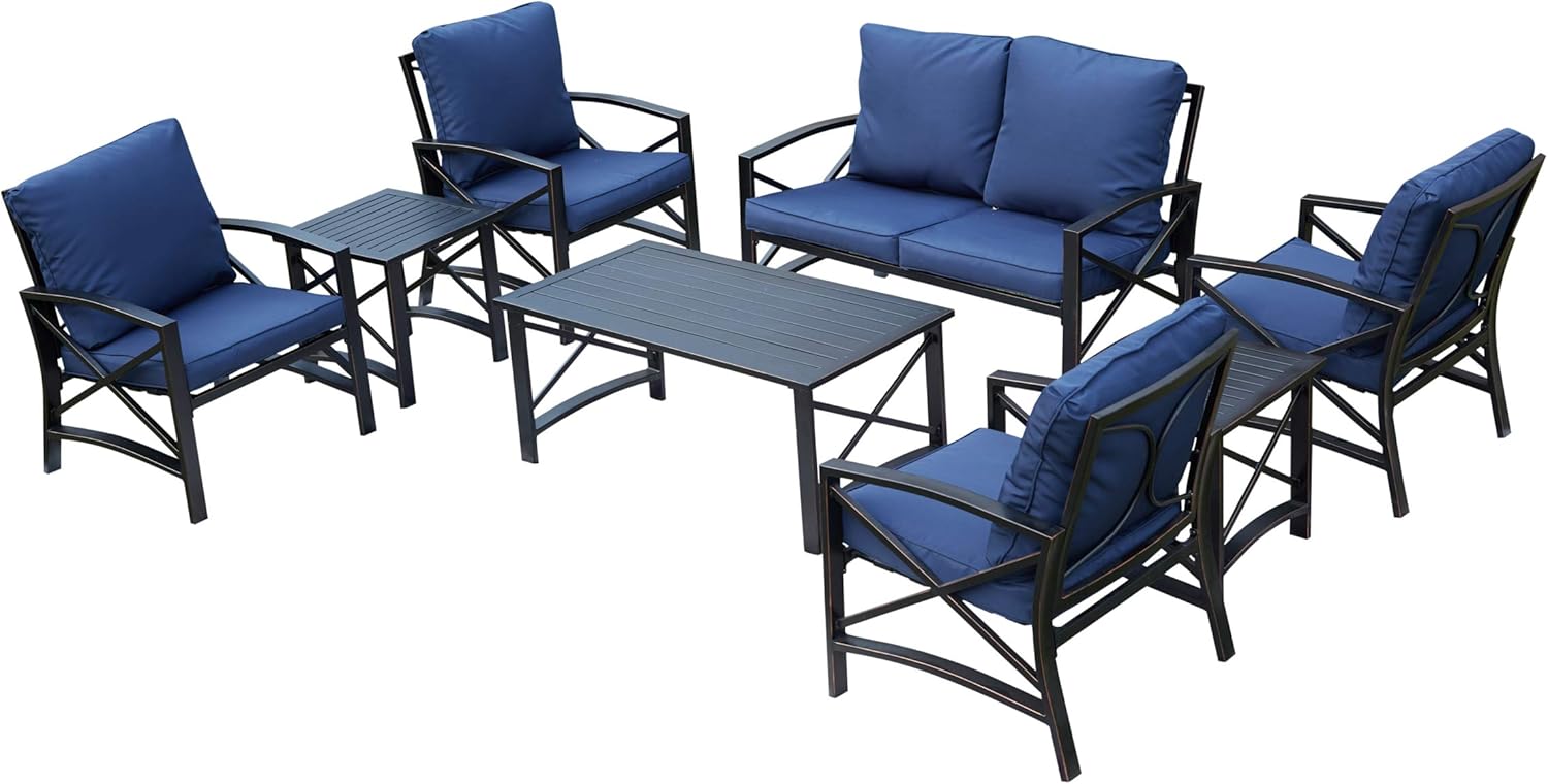 PatioFestival Patio Furniture Set Metal Modern Outdoor Conversation Sets Loveseat,Cushioned Chairs,Coffee Table,Side Tables,Patio Seating Metal Bistro Furniture Sofas (8 Pcs, Blue) : Patio, Lawn & Garden