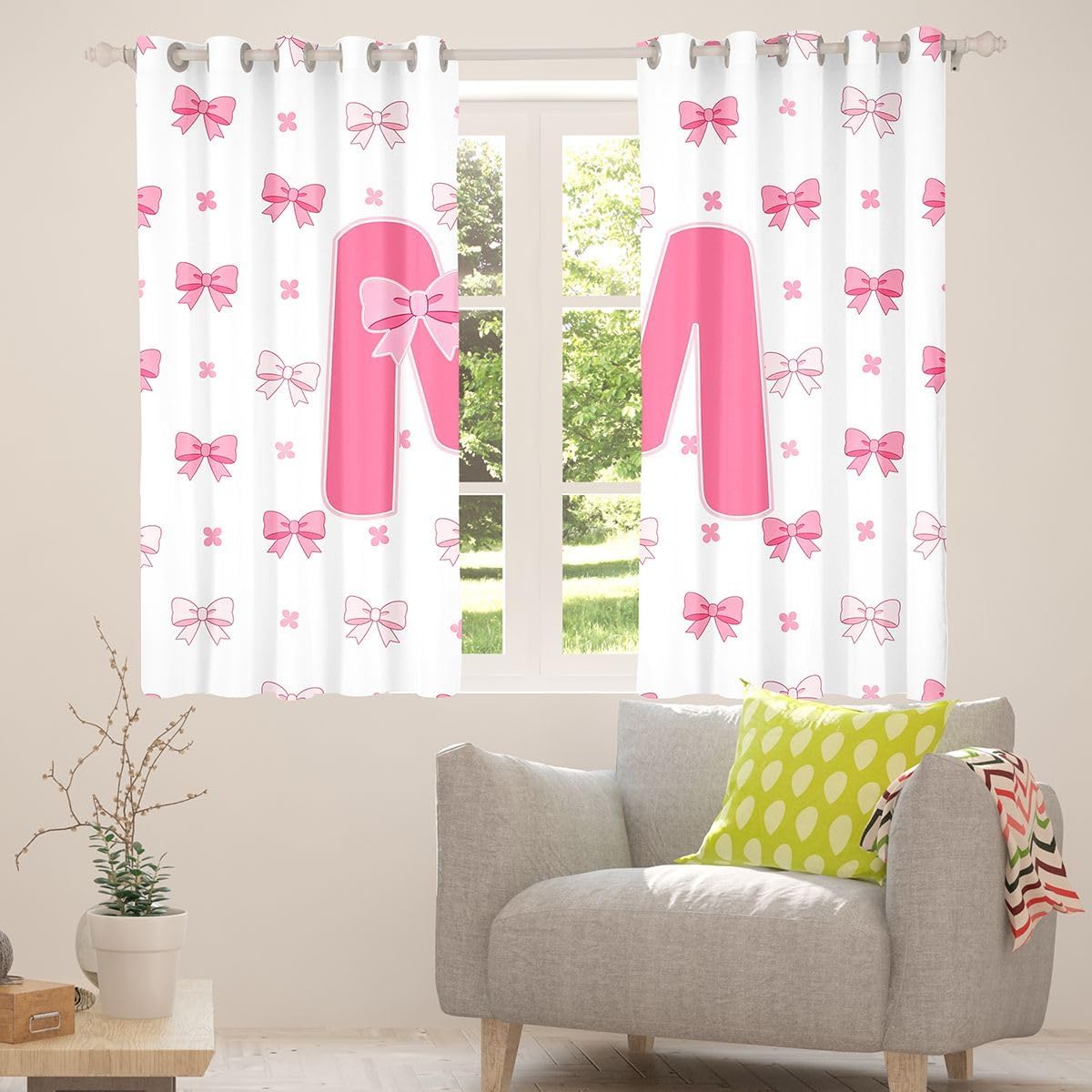 Feelyou Pink Bow Curtains for Bedroom Living Room Cute Kawaii Blackout Darkening Drapes Personalized Letter M Window Treatments, 2 Panels 42 x 90 Inch Room Decor image 4