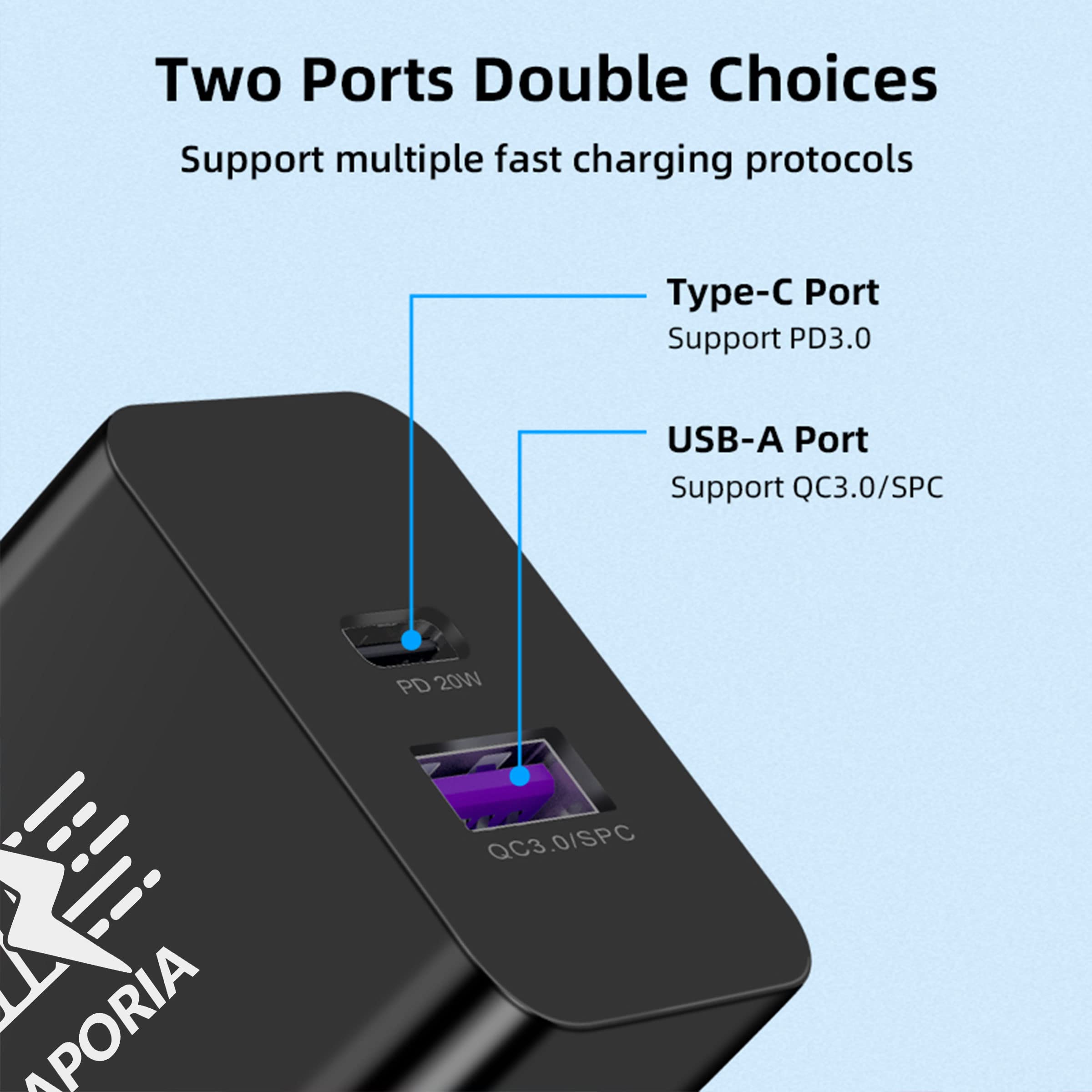 Aporia - 20W 2-Port Dual Type C & USB A Wall Charger with QC 3.0/SCP USB-A Port and PD USB-C Port with Quick Charge Power delivery | 100-240 Vac 50 60Hz 0.5A | Cellphone Charging (1-Pack, Black)