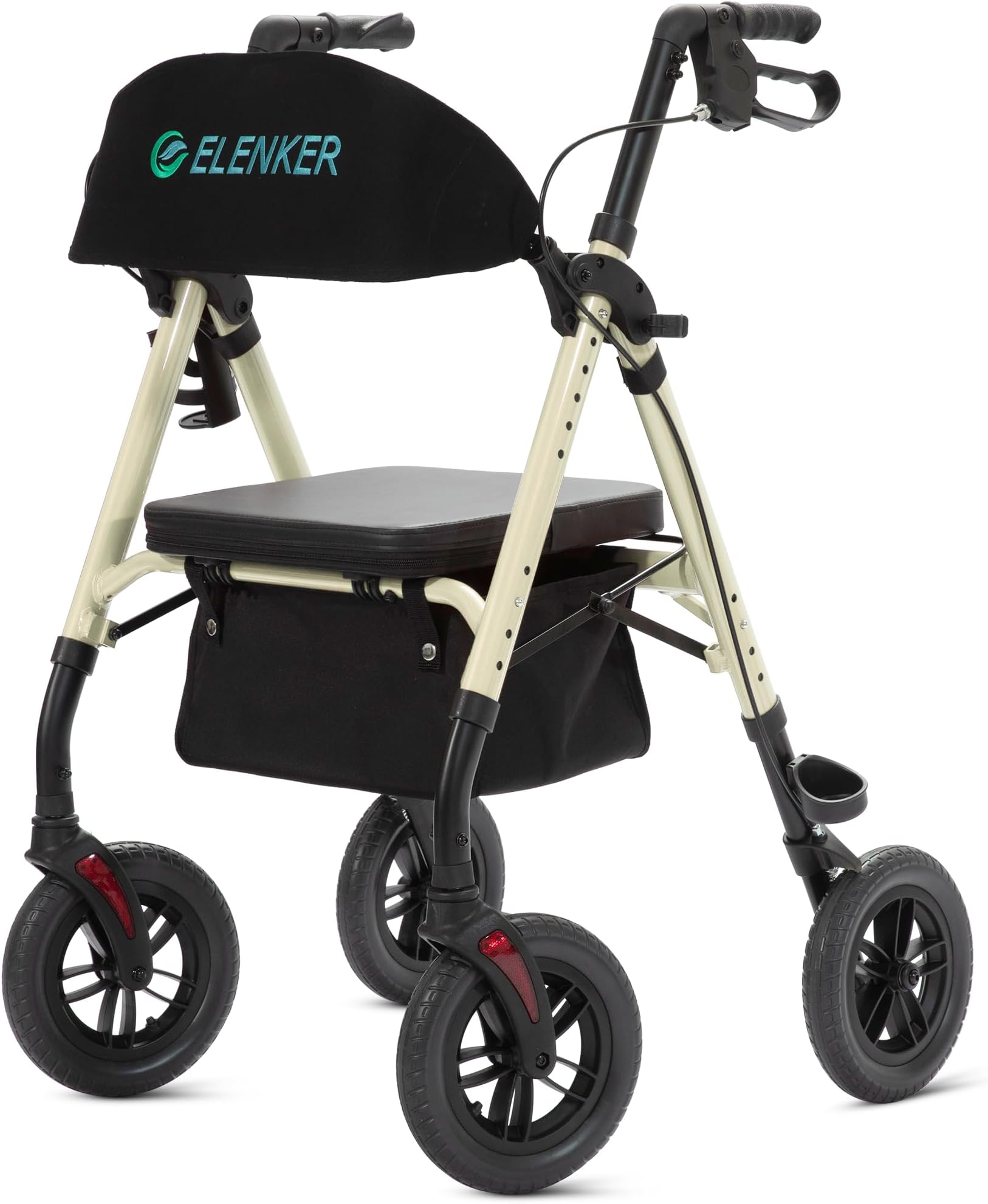 ELENKER All-Terrain Rollator Walker with 10” Non-Pneumatic Wheels, Sponge Padded Seat and Backrest, Fully Adjustment Frame for Seniors, Champagne