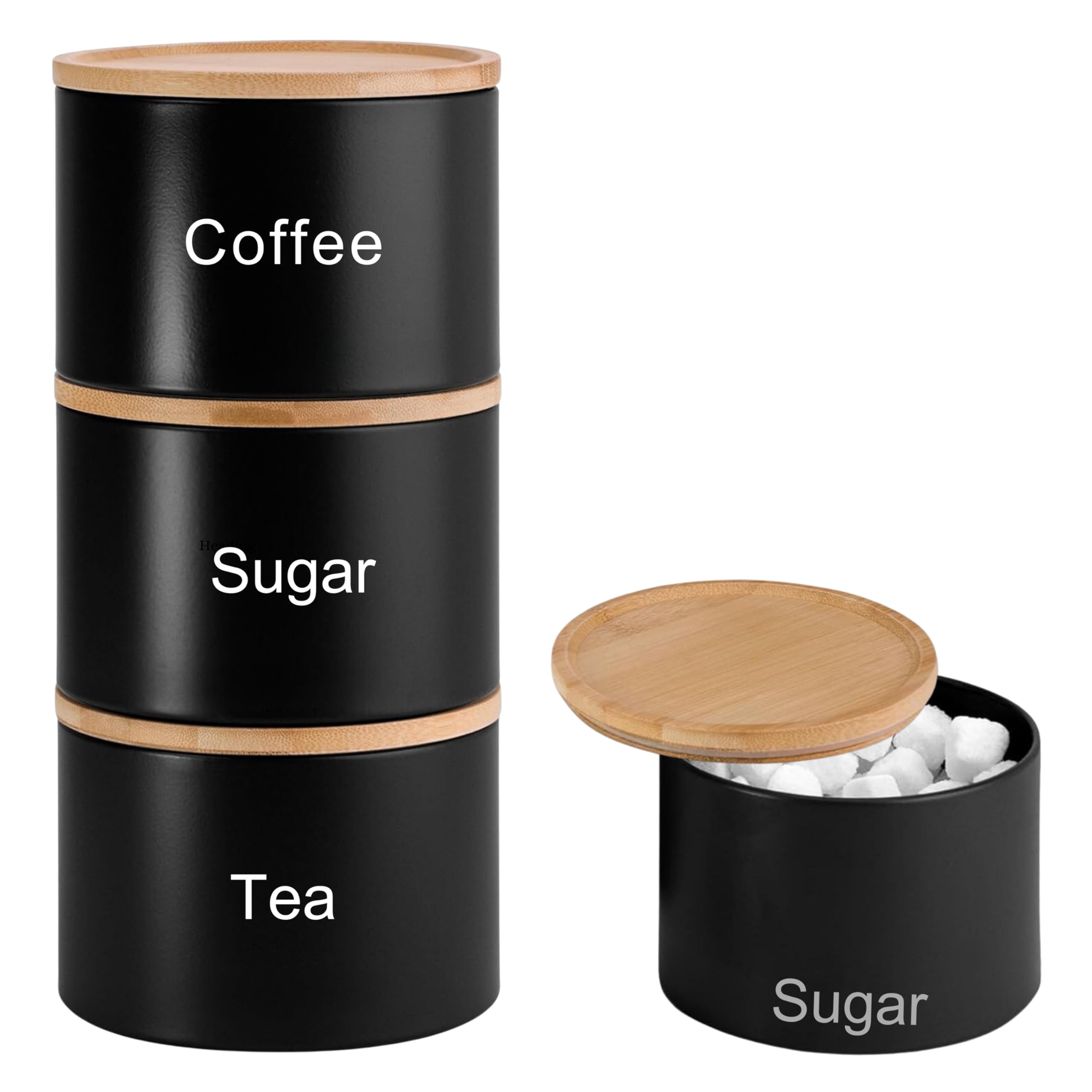 Rls Set Of 3 Black Stacking Canisters Tea Coffee Sugar Storage Jars