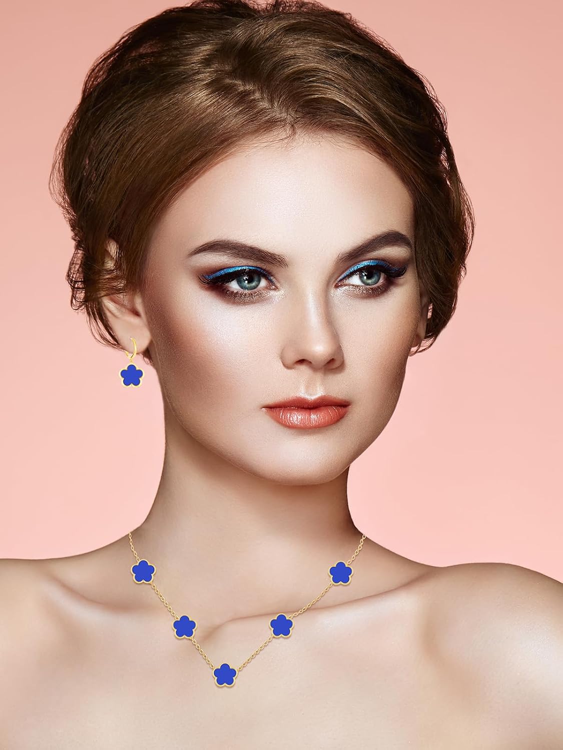 Gold Plated Five Leaf Clover Necklace and Dangle Earrings Set for Women Lucky Flower Jewelry